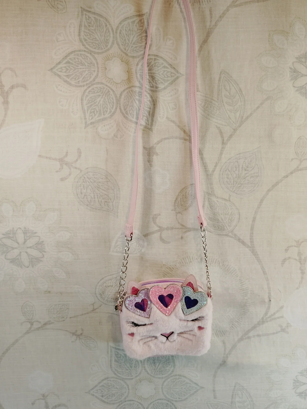 Kids Plush Pink Cat Crossbody Bag with Glitter Hearts